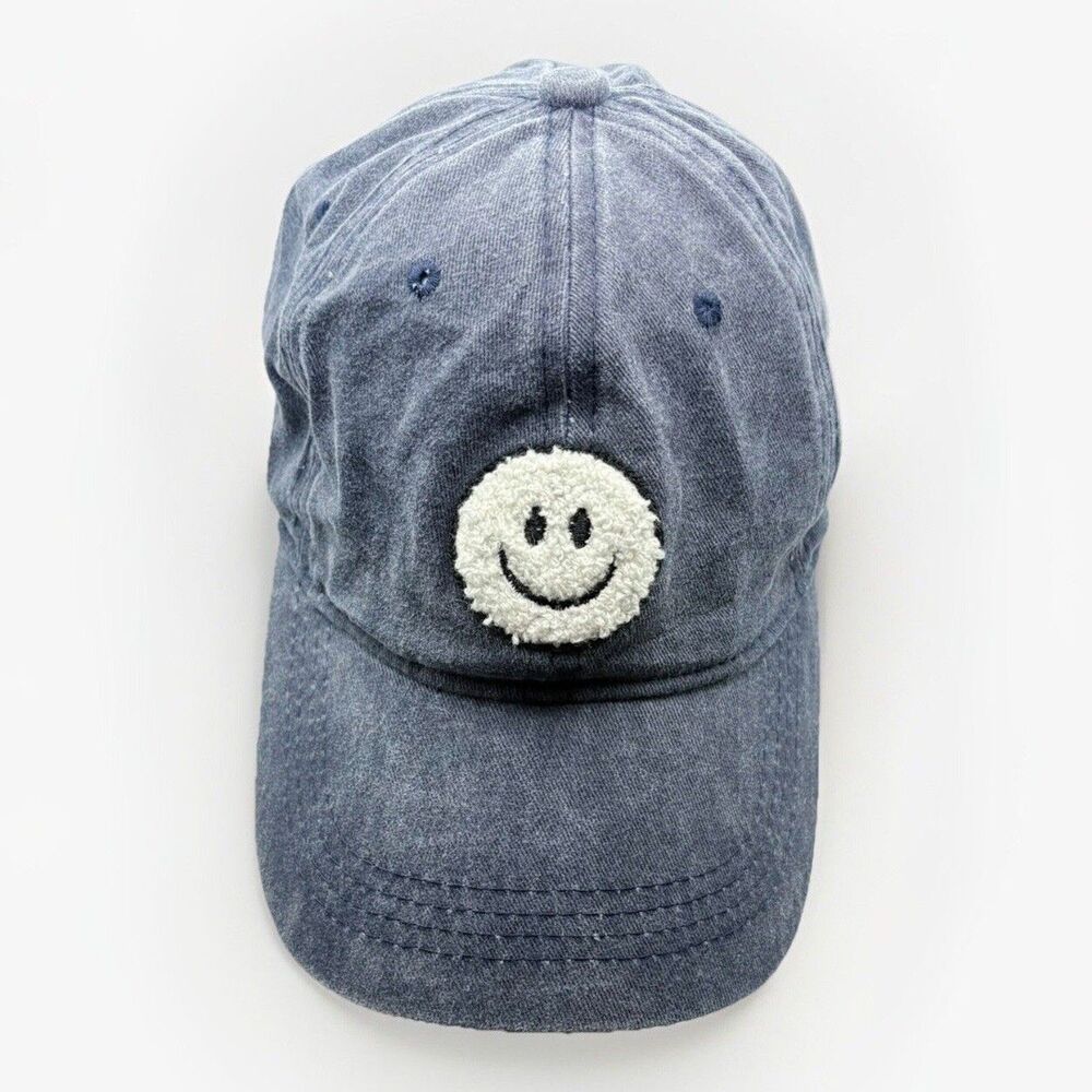 David Young Blue Denim Washed Smiley Face Dad Hat Adjustable Cap Chenille